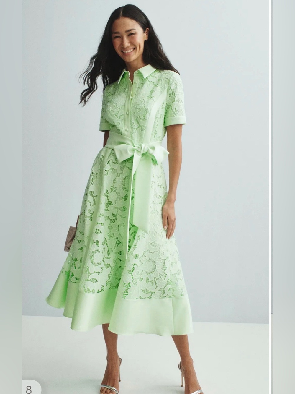 Badgley Mischka Lace Midi Shirt Dress with Waist Tie in Mint Green